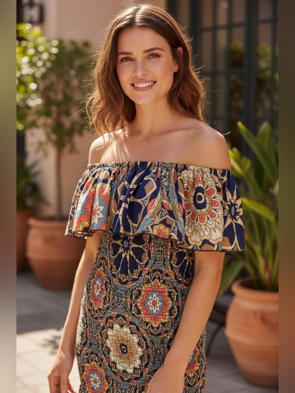 SHEIN Navy Multicolor Off-Shoulder Smocked Midi Skirt